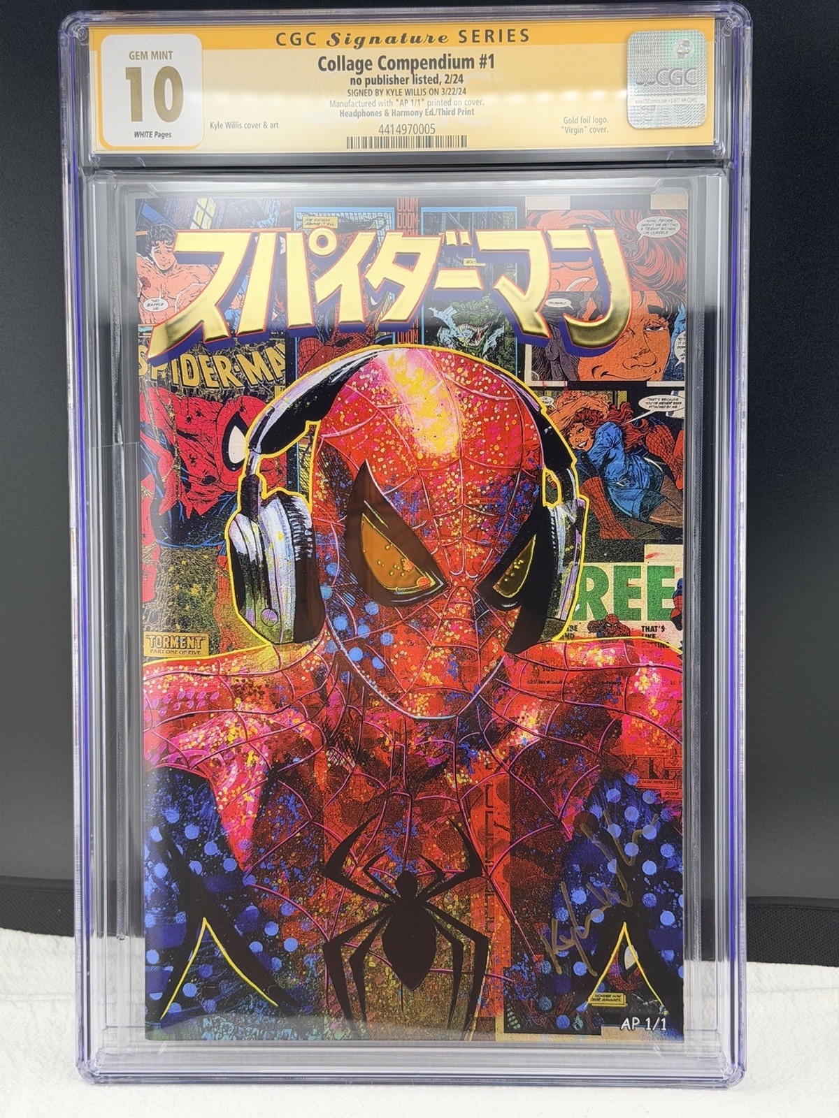 Spiderman Headphones Gold Foil CGC 10 Kyle Willis Signed Collage Compendium AP 1