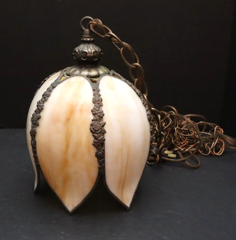 Vintage MCM Carmel Slag Glass Hanging TULIP Pendant Swag Lamp Pendant Fixture