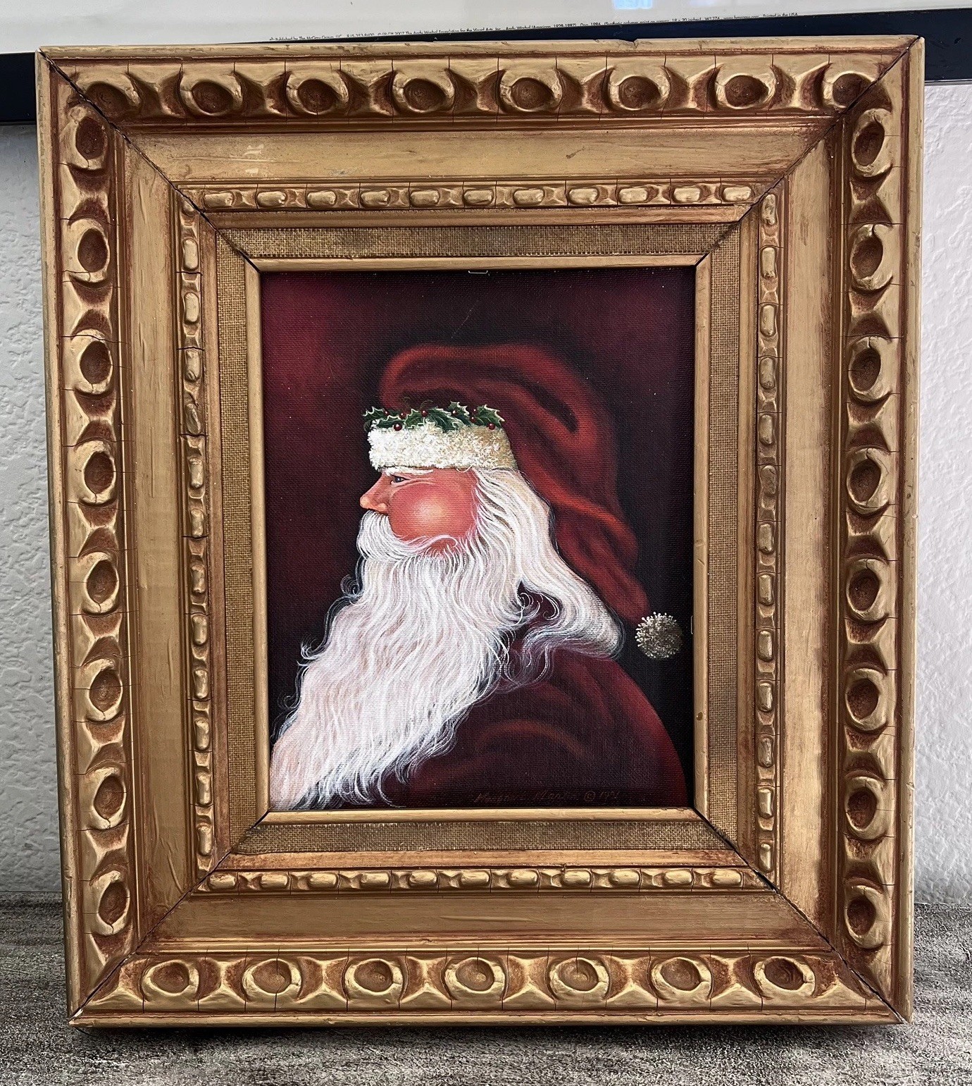 Original 1900\'s Vintage Santa Clause folk art signed painting framed 16.5 × 14.5