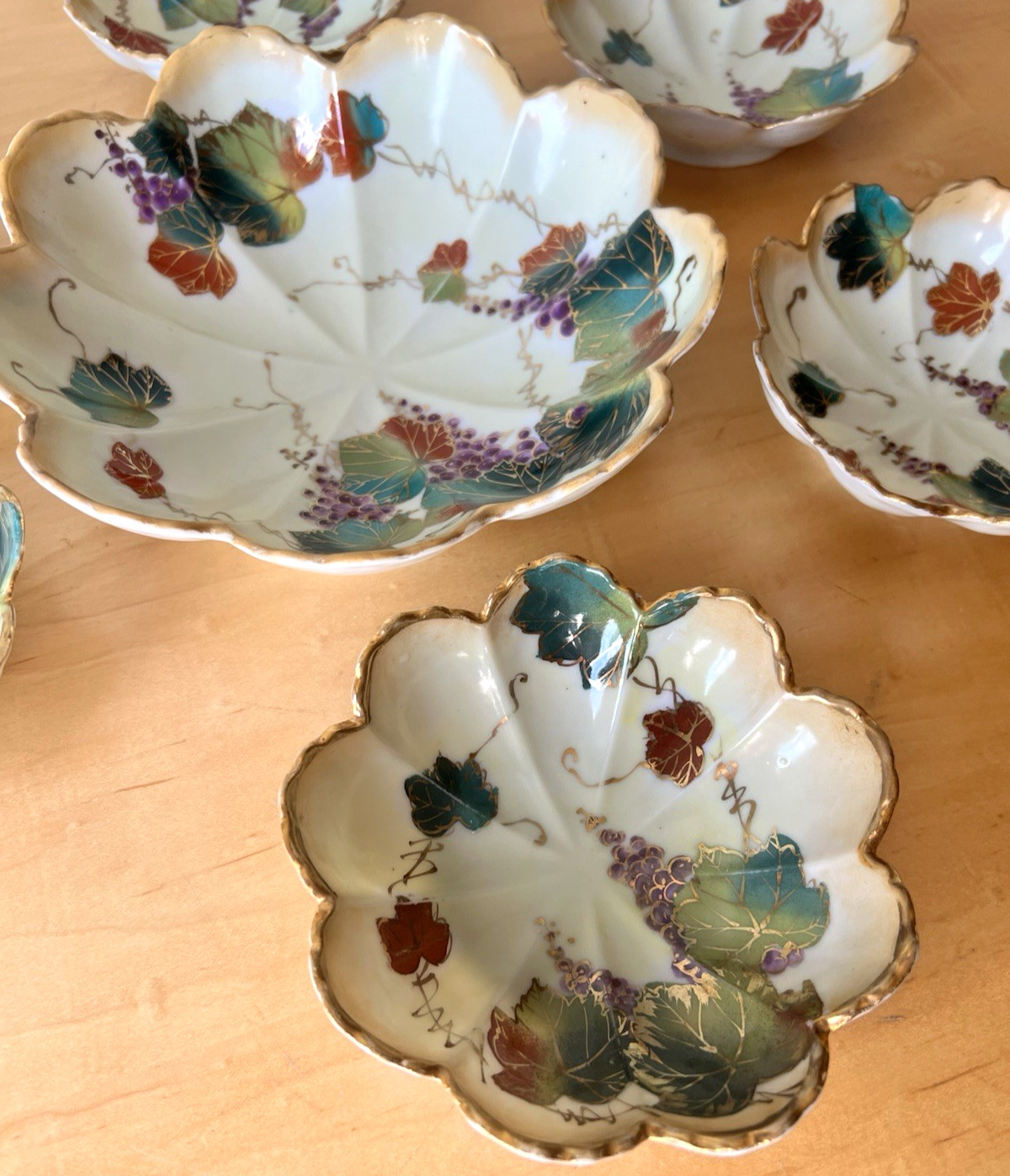Vtg 1930s Tashiro Shoten Japan Hand Painted Porcelain Berry Bowl Set Grapes 7 Pc