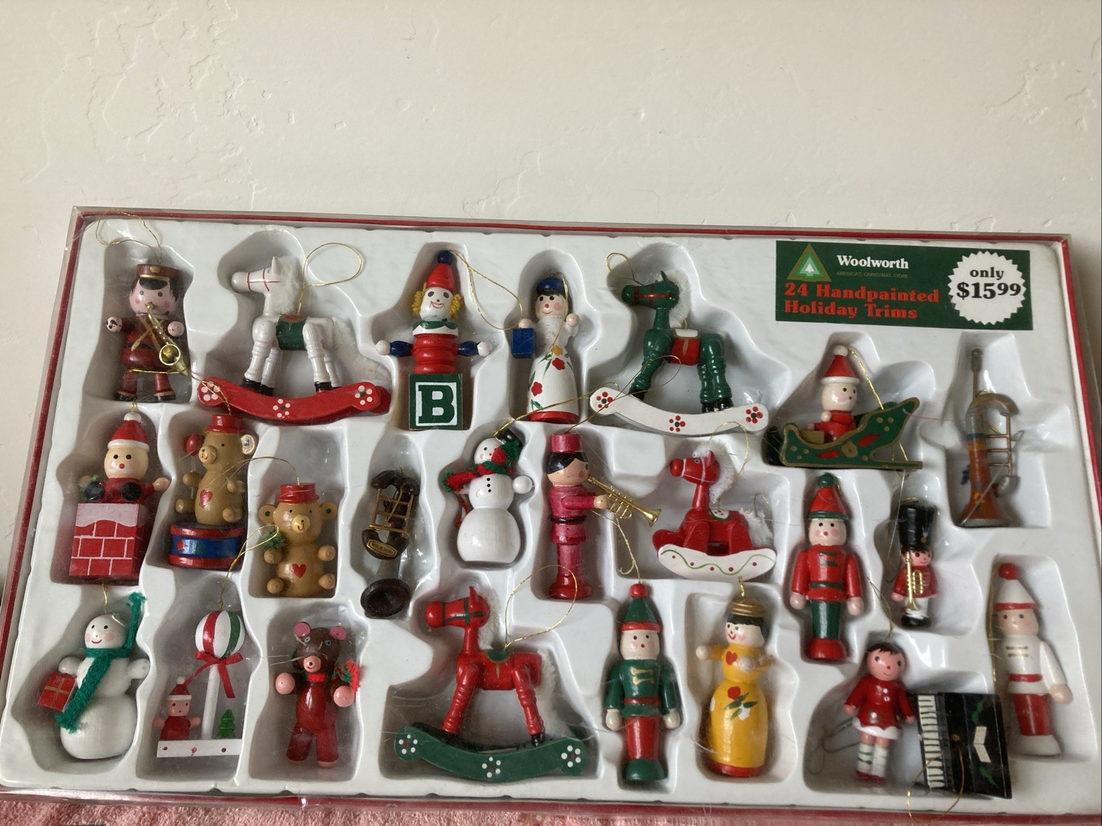 VTG Woolworth 24 Hand Painted Wooden Christmas Tree Ornaments NOS