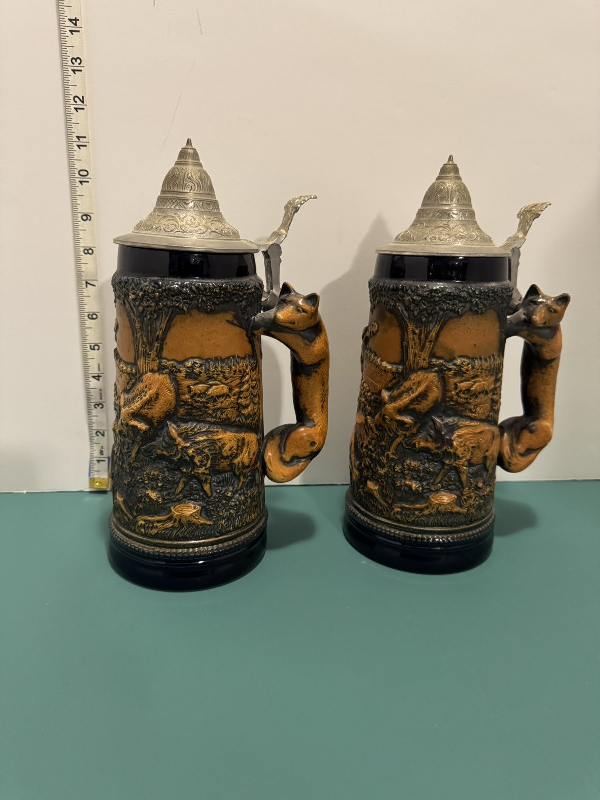 Two Vintage Antique Genuine German Pottery Beer Steins Deer with Fox Handle 