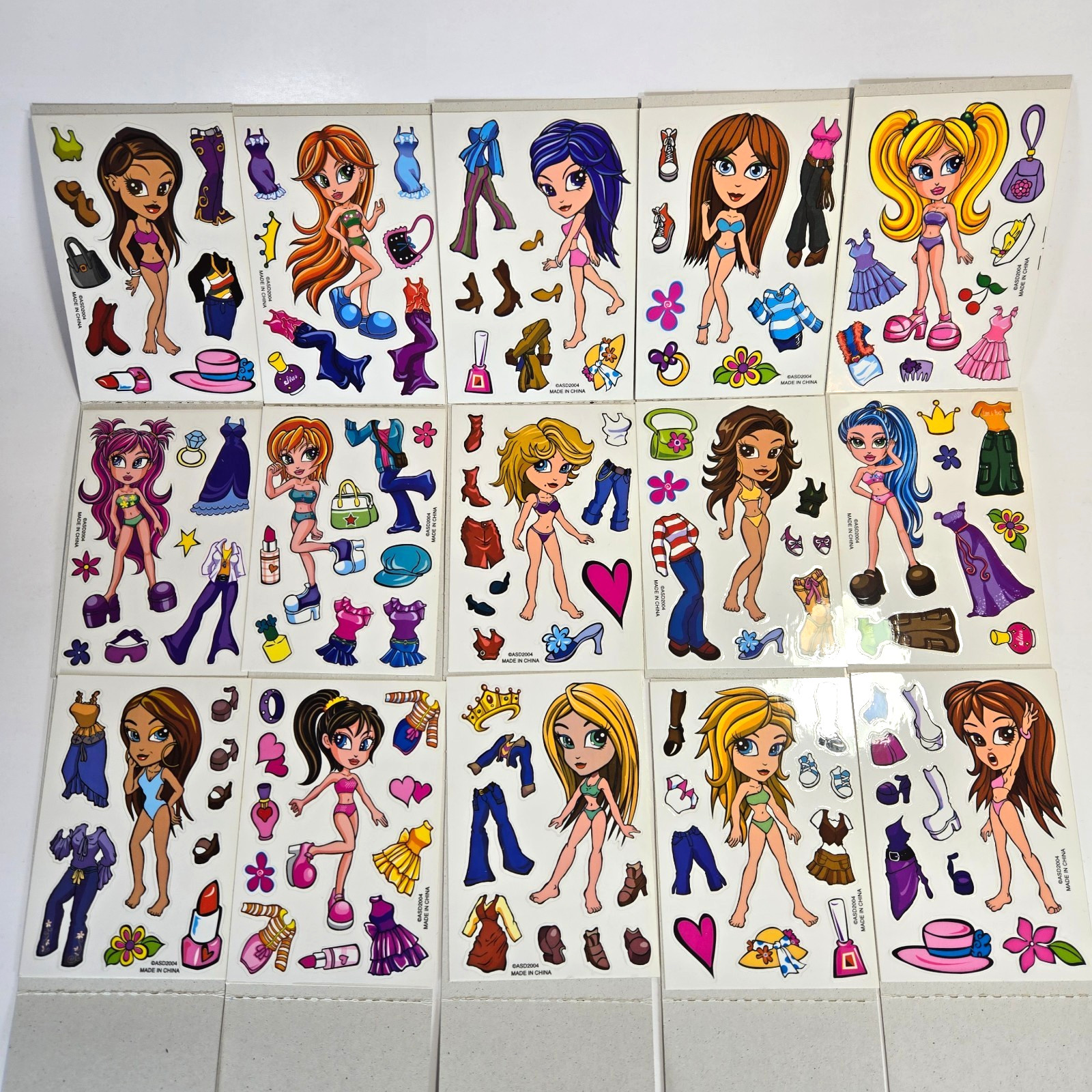 Y2K Girls Dress Up Paper Doll Style Set of 15 Vending Machine Stickers ASD 2004
