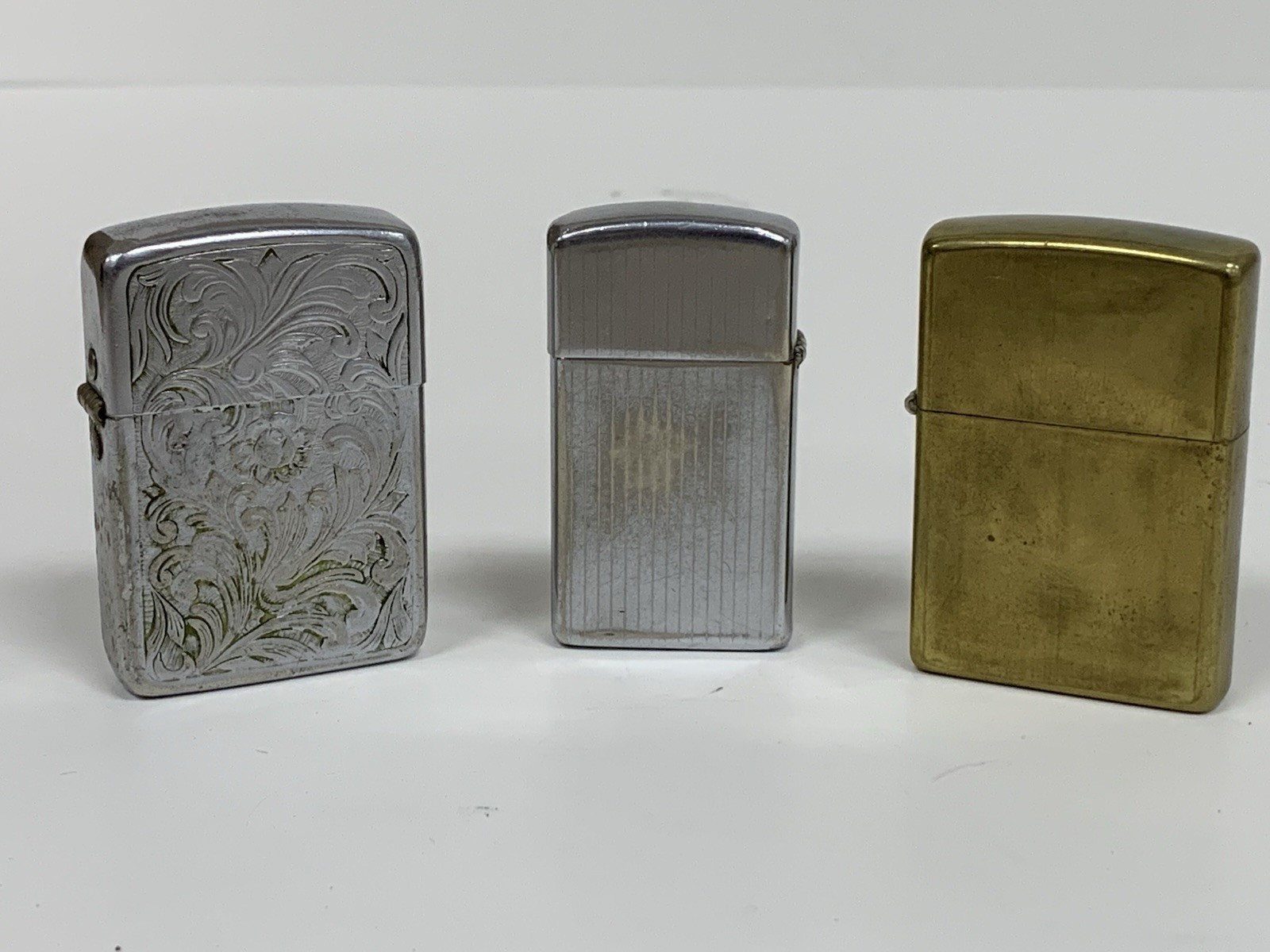 Vintage Lighter Lot of 3 Zippo Unfired Brass Satin Chrome Park Floral Scrollwork