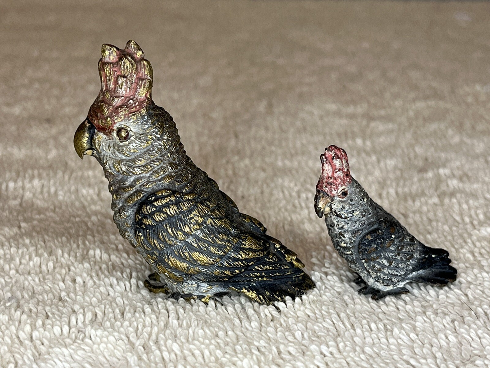 Two Vienna Bronze Cockatoo Birds Franz Bergman Style 2 Big Little Pair Austrian