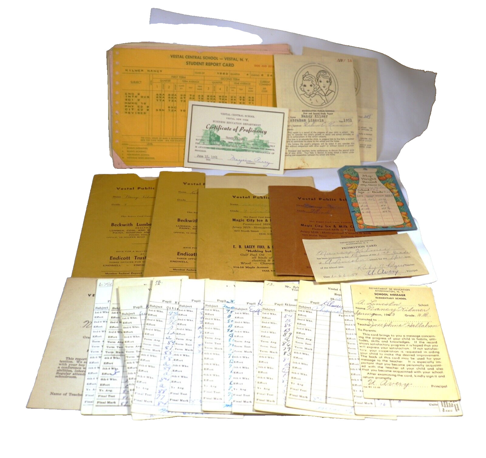 Vintage 1951-1963 School Student Report Cards One Student Vestal & Binghamton NY