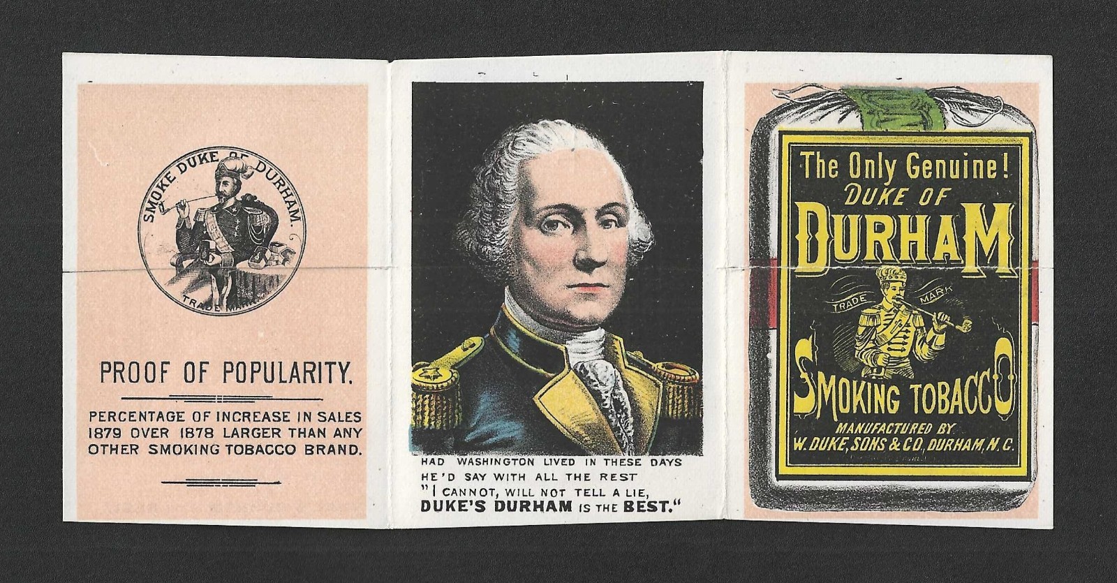 c1880 Duke Durham Tobacco Trade Card - Make Faces Multi Fold - George Washington