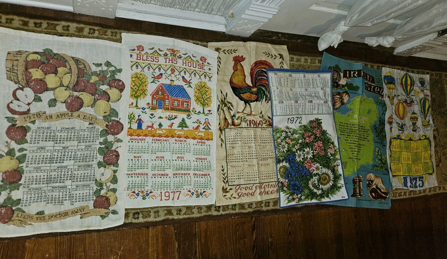 Lot 6 Vntg Linen Cotton Calendar Tea Kitchen Towels 1969 72 75 77 78 Irish Stew