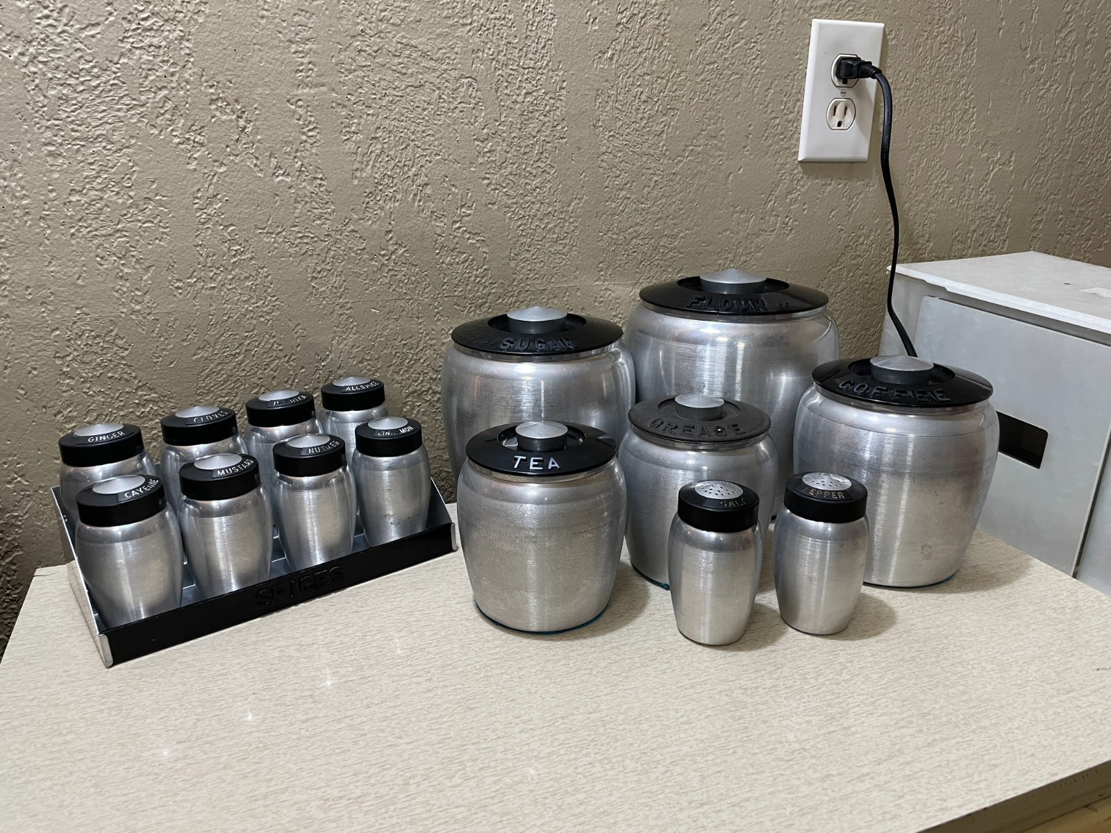 17 Pieces Vintage Kromex Spun Aluminum Canister Lot Sugar Flour Grease Spices Co