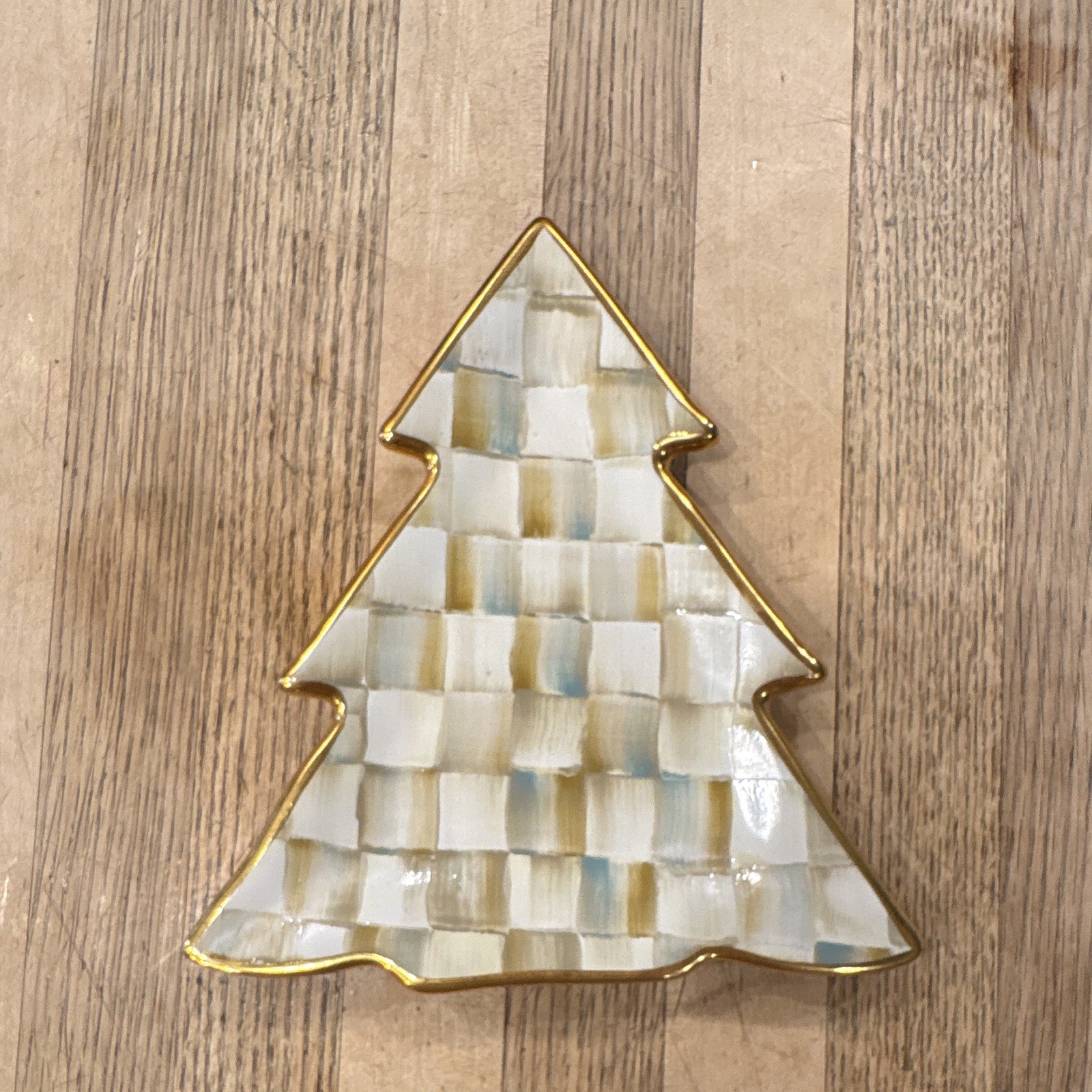 Mackenzie-Childs Christmas Tree Plate Check Pattern Hand Painted Ceramic 2011