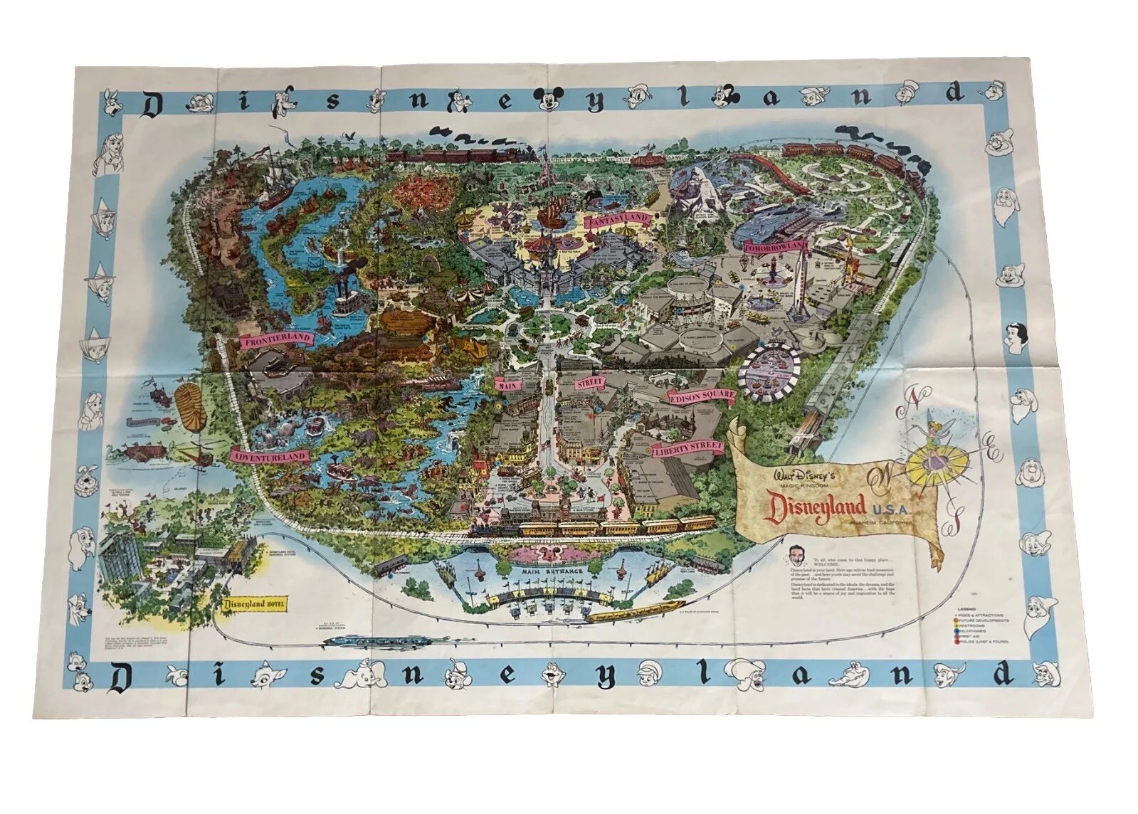 Rare 1962 Disneyland Park Map Large Color Tourist Map 30 x 44 1/2 inches