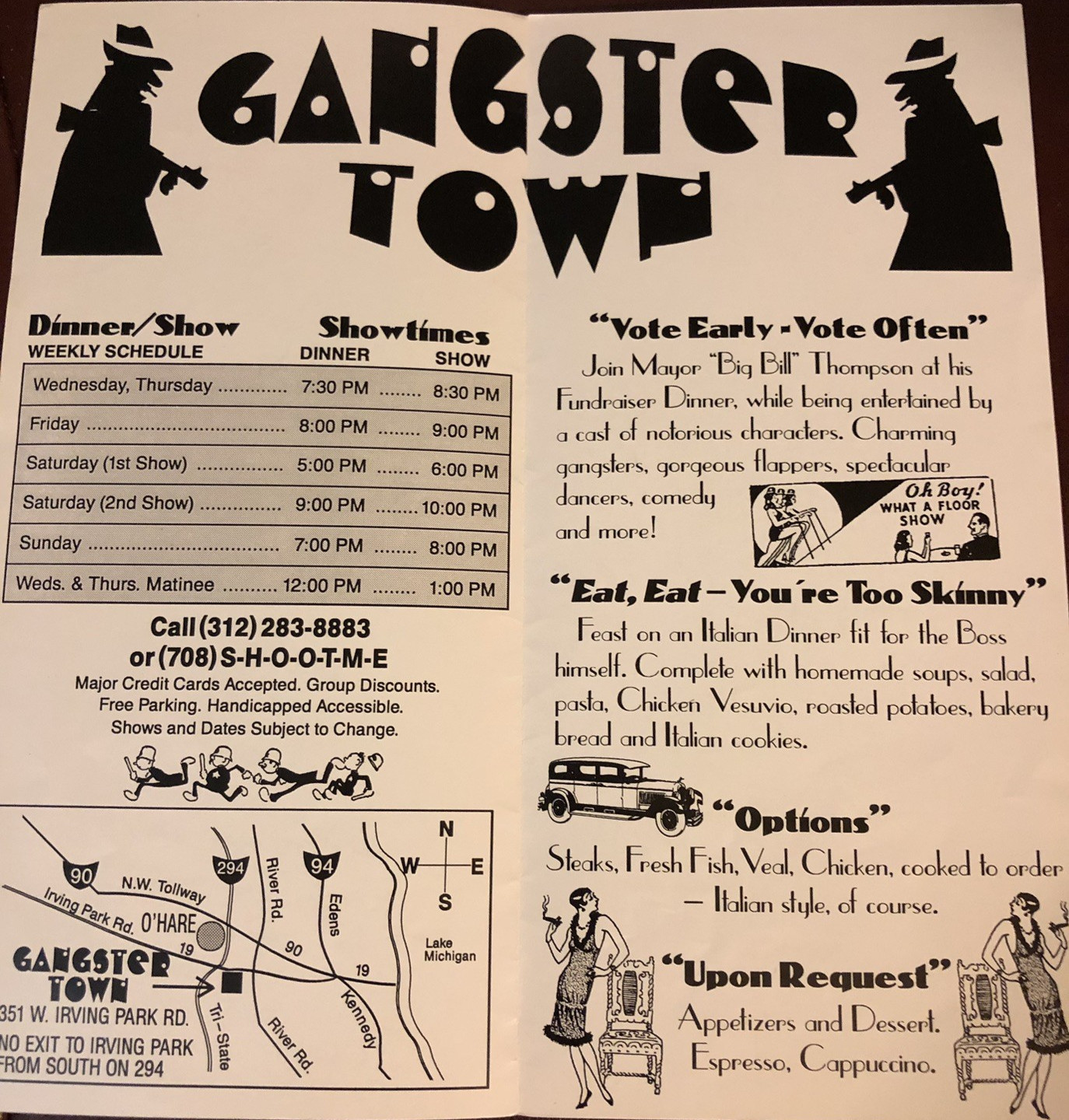 Chicago IL Gangstertown Restaurant Dinner Show Schiller Park Vintage Brochure