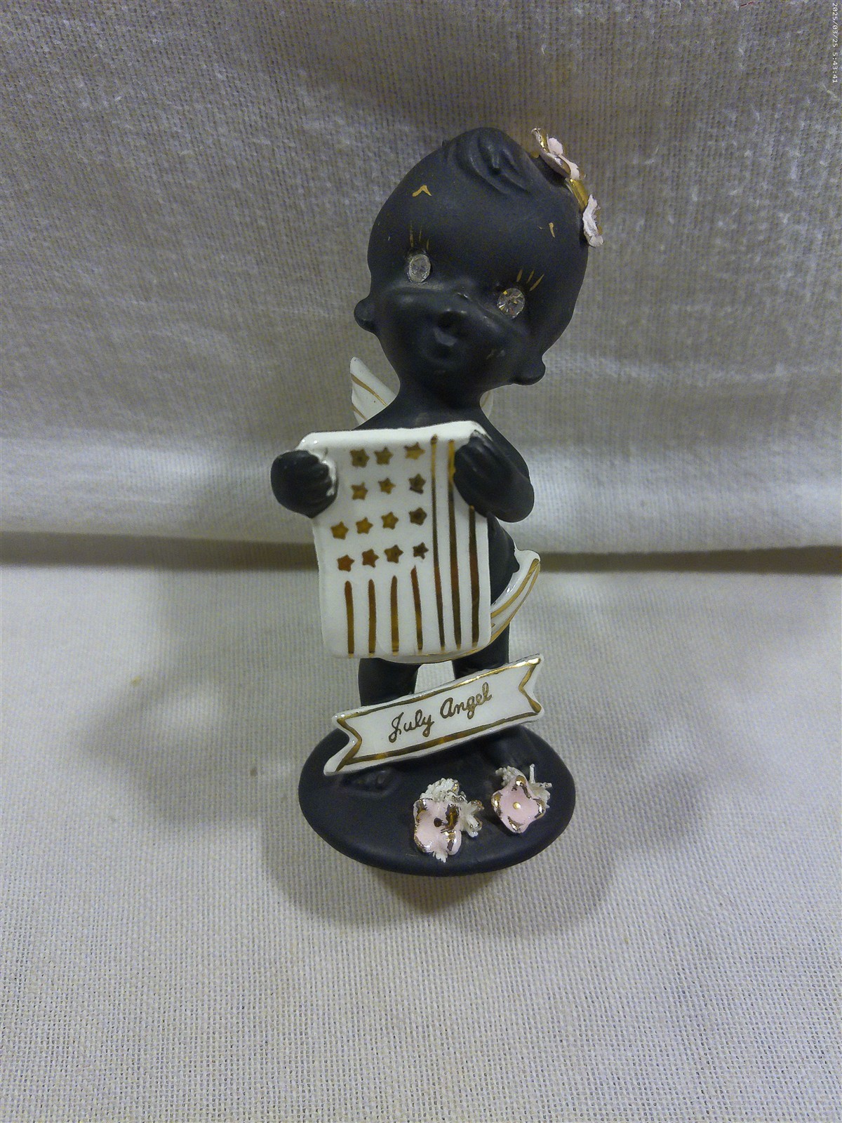 Vtg TMJ Japan Ceramic Matte Black July Birthday Angel Figurine Flower Petal Chip