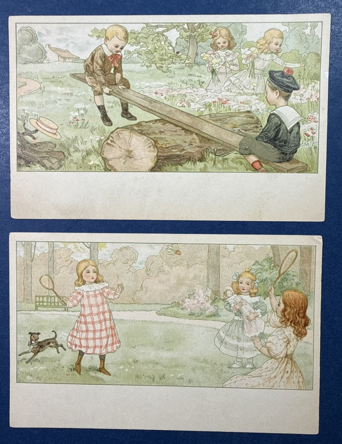 SET 2 Children Playing Greetings Antique Postcards. UND Backs. 1906 era.