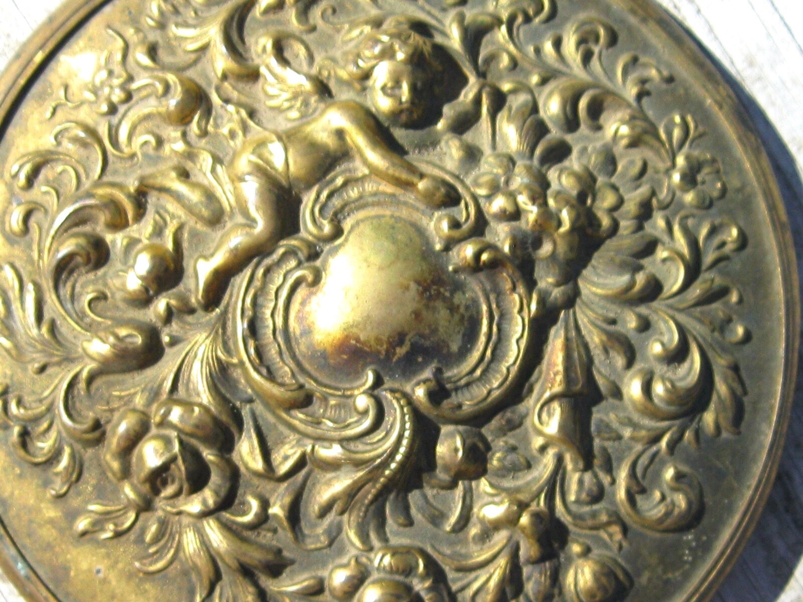 Antique Victorian Hand Mirror w Sleeping Cherub Angel Baby Rose Flowers Swirls