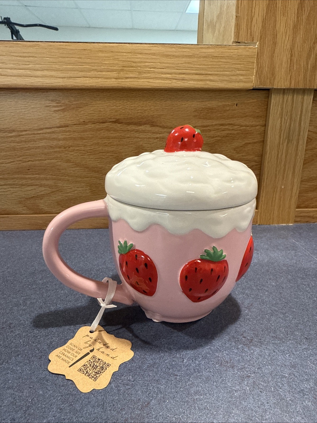 NWT LANG Pink Strawberry Mug Lid Hand Painted Mother\'s Day Spring Cottagecore