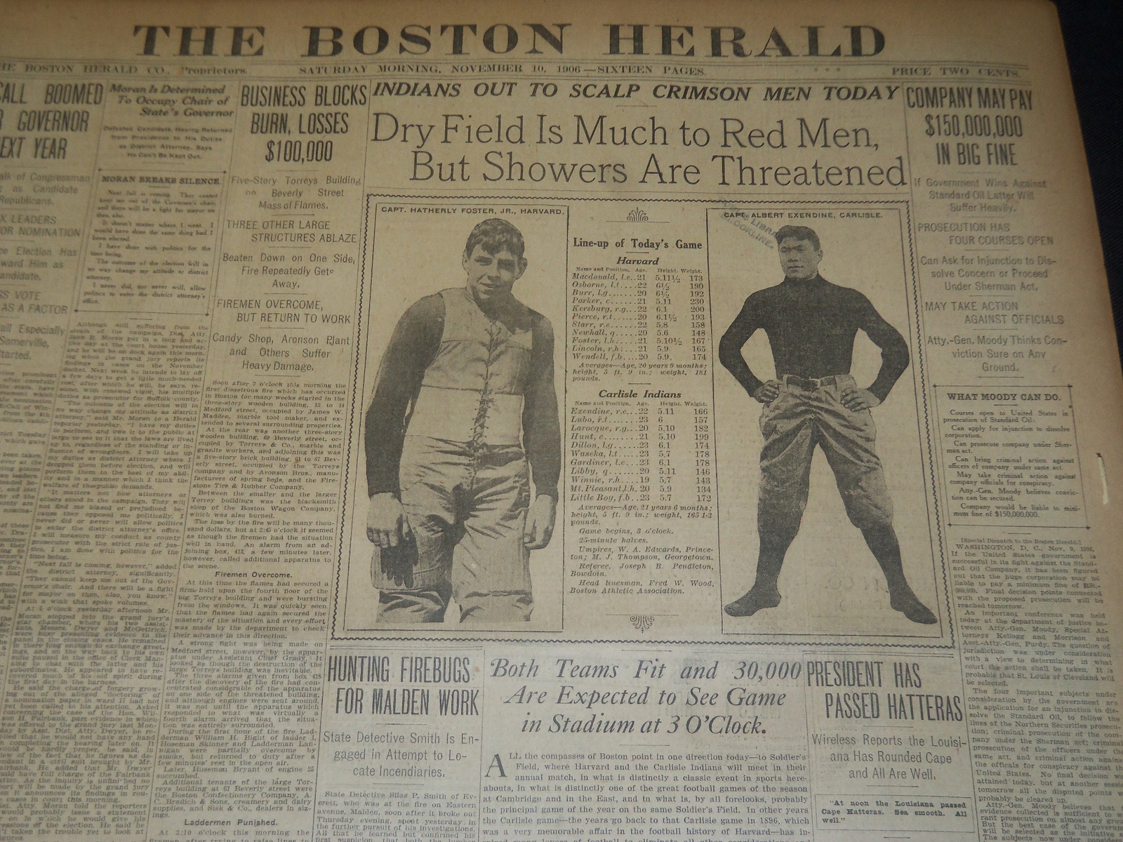 1906 NOVEMBER 10 THE BOSTON HERALD - CARLISLE VS. HARVARD TODAY - BH 136