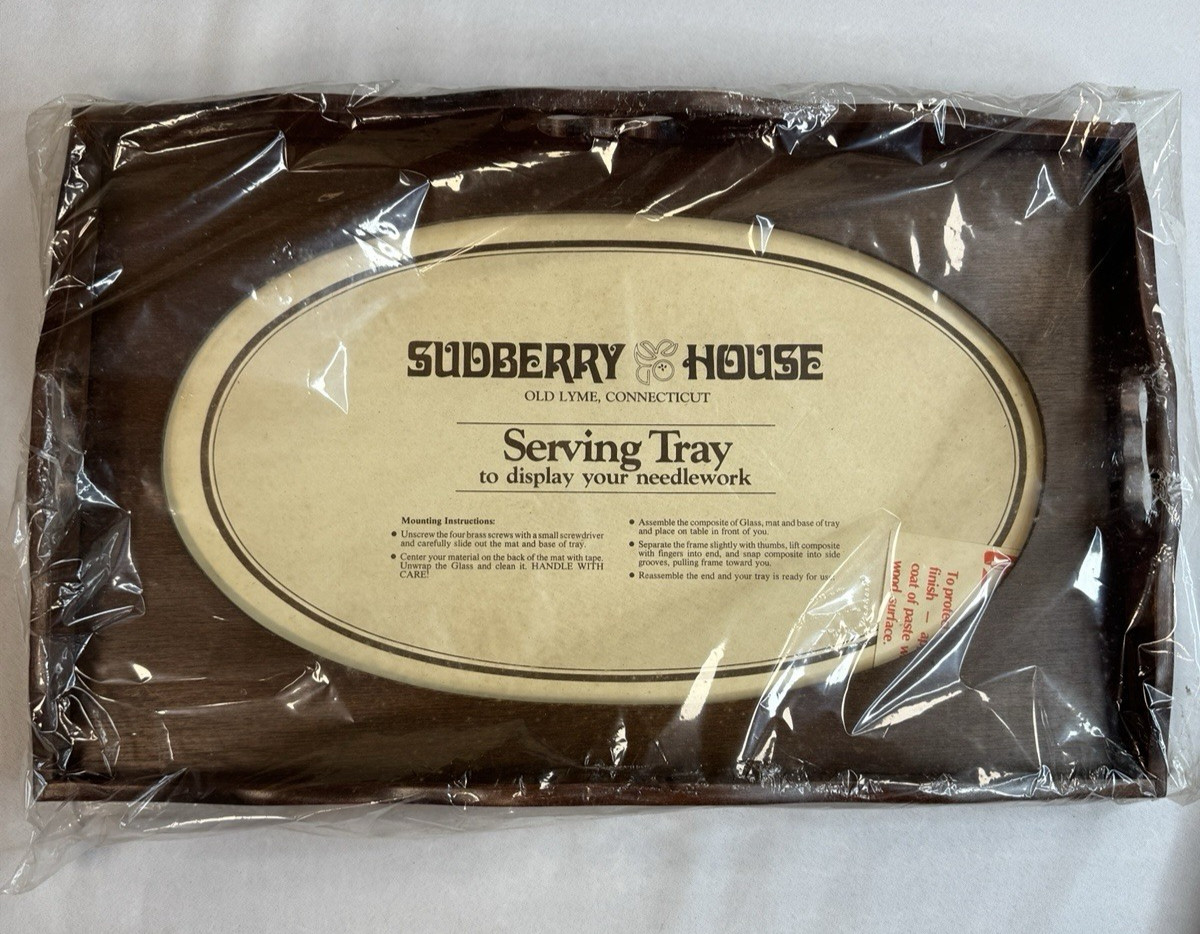 Vintage Sudberry House Wooden Display Needlepoint Serving Tray w/glass insert