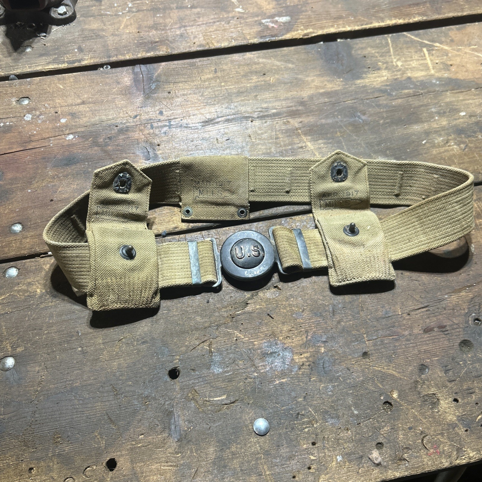 pre-WWI US Army M1910 Mills Canvas Garrison Belt & Pouches w/Rimmed Eagle Snap 3
