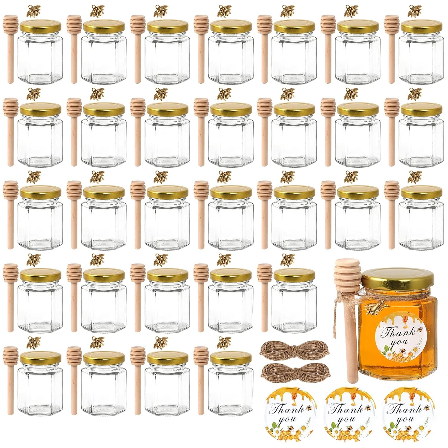 30 Pack 3 oz Mini Glass Honey Jars with Wooden Dippers & Gold Lids