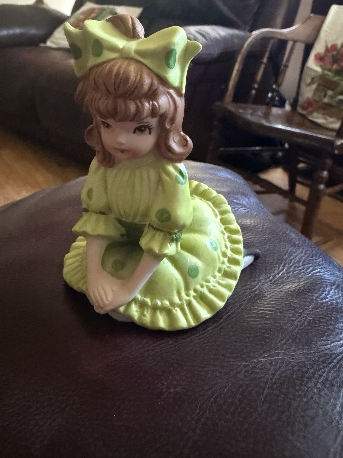 Vtg Lefton Sitting Bloomer Girl in Green Big Bow Polka Dots Figurine