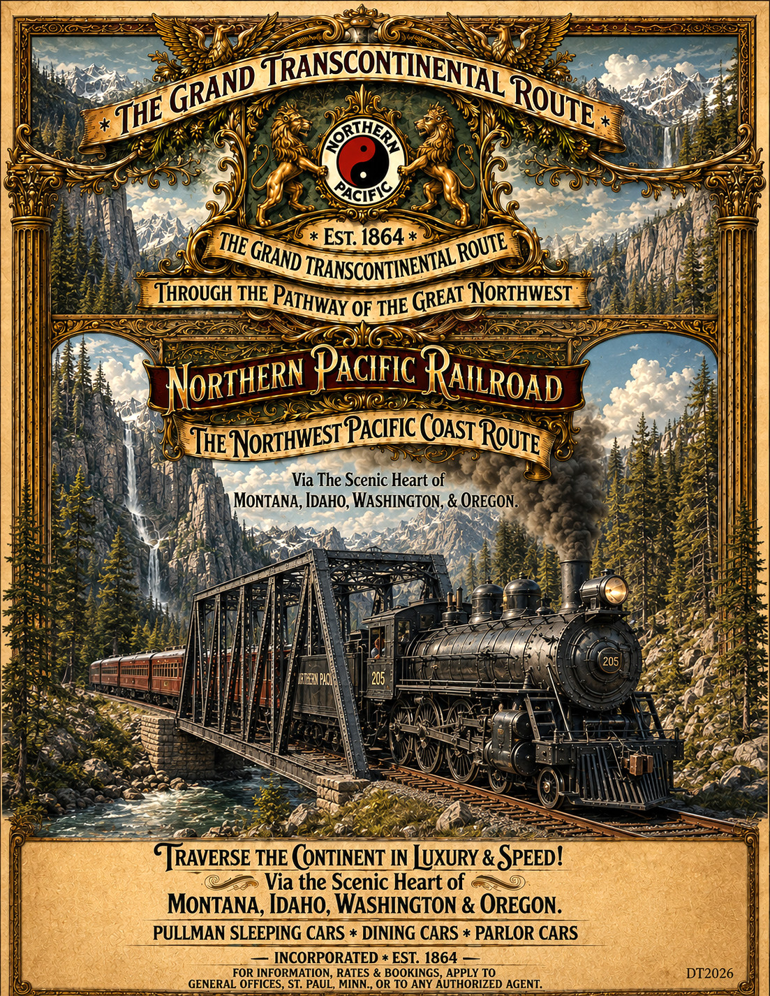 Northern Pacific Railway Steam Train Poster Vintage Style Railroad Art 11 x 17