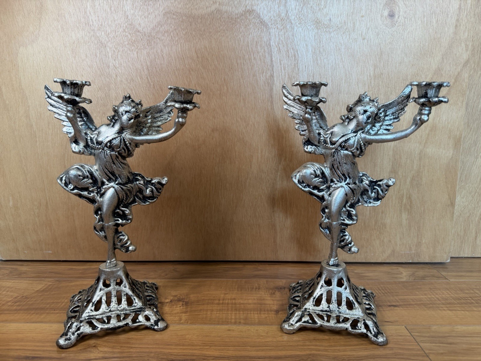 VTG Set Of Art Nouveau Angel Candelabras Aluminum Silver Tone Gothic Home Decor