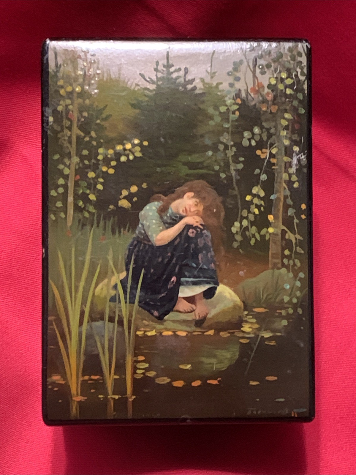 Vintage Hand Painted Folk Art Black Lacquer Trinket  Box Beautiful Girl Signed