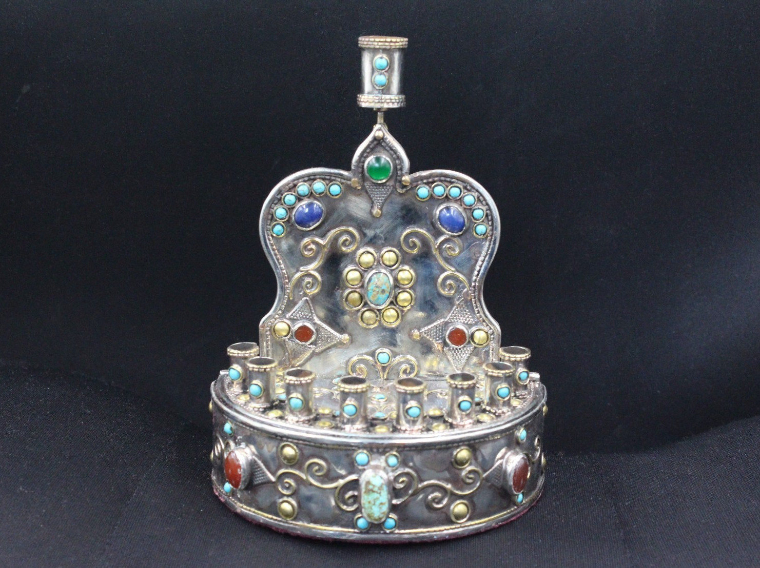 Turkmen Alpaka Judaica Hanukkah Menorah, 9 Candle Holder, Gemstones Menorah #H04