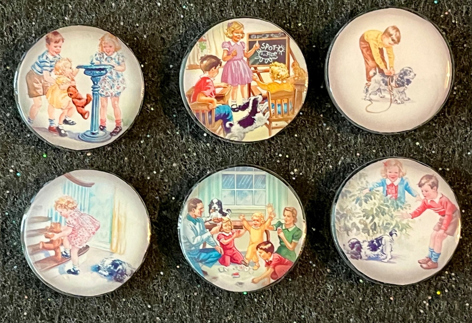VINTAGE DICK AND JANE  Round Fridge Magnets Set of 6 Handmade 