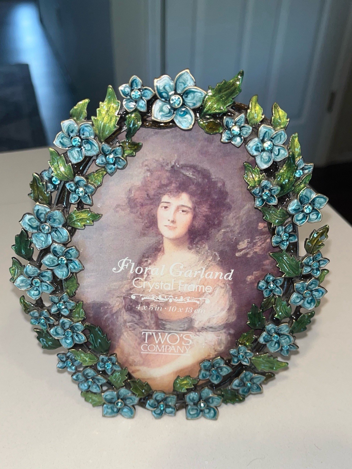 Two's Company Oval Floral Garland Enamel Crystal Picture Frame 