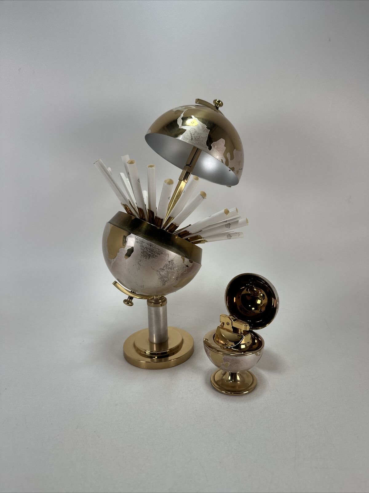 Age Rare Cigarette Dispenser Brass Globe World Ball With Lighter Mid Century