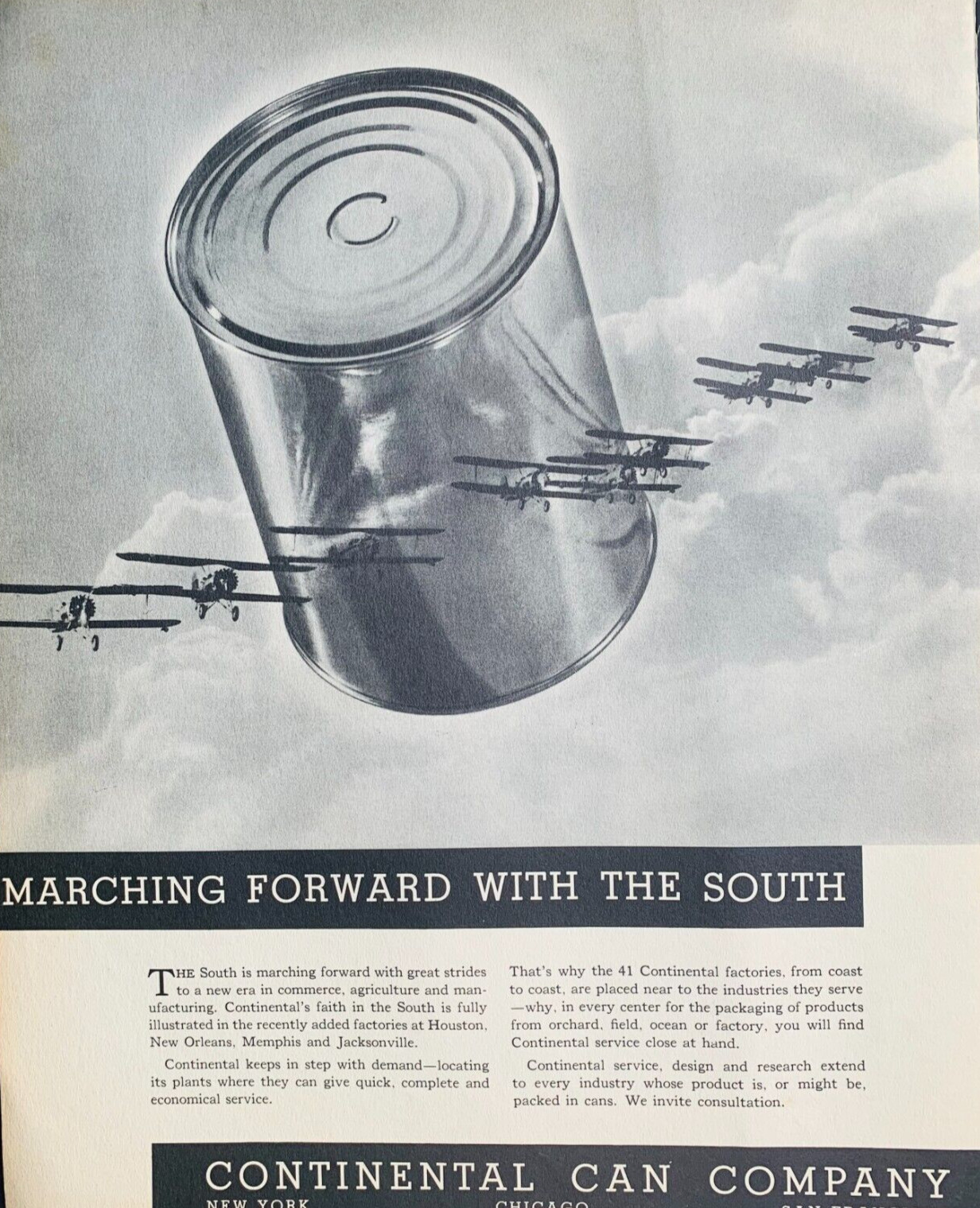 1934 Continental Can Company Print Ad  Biplanes New Factories in the South