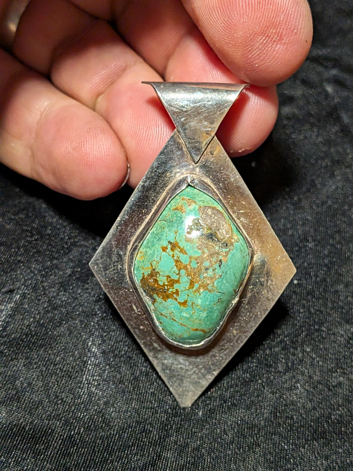 925 Sterling Silver  Diamond-Shaped Pendant with Green Turquoise Color Stone