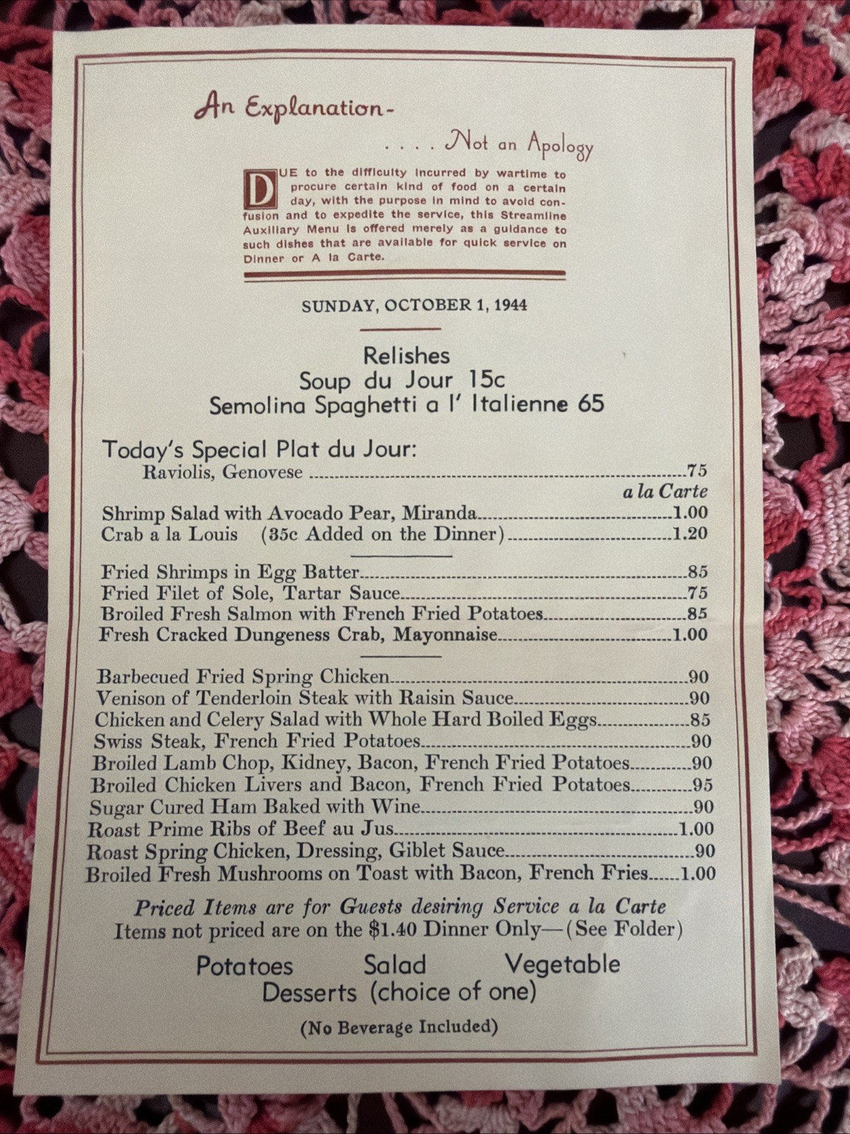 1944 WW2 Wartime Ration Restaurant Menu Unknown Location Dinner 10-1-44