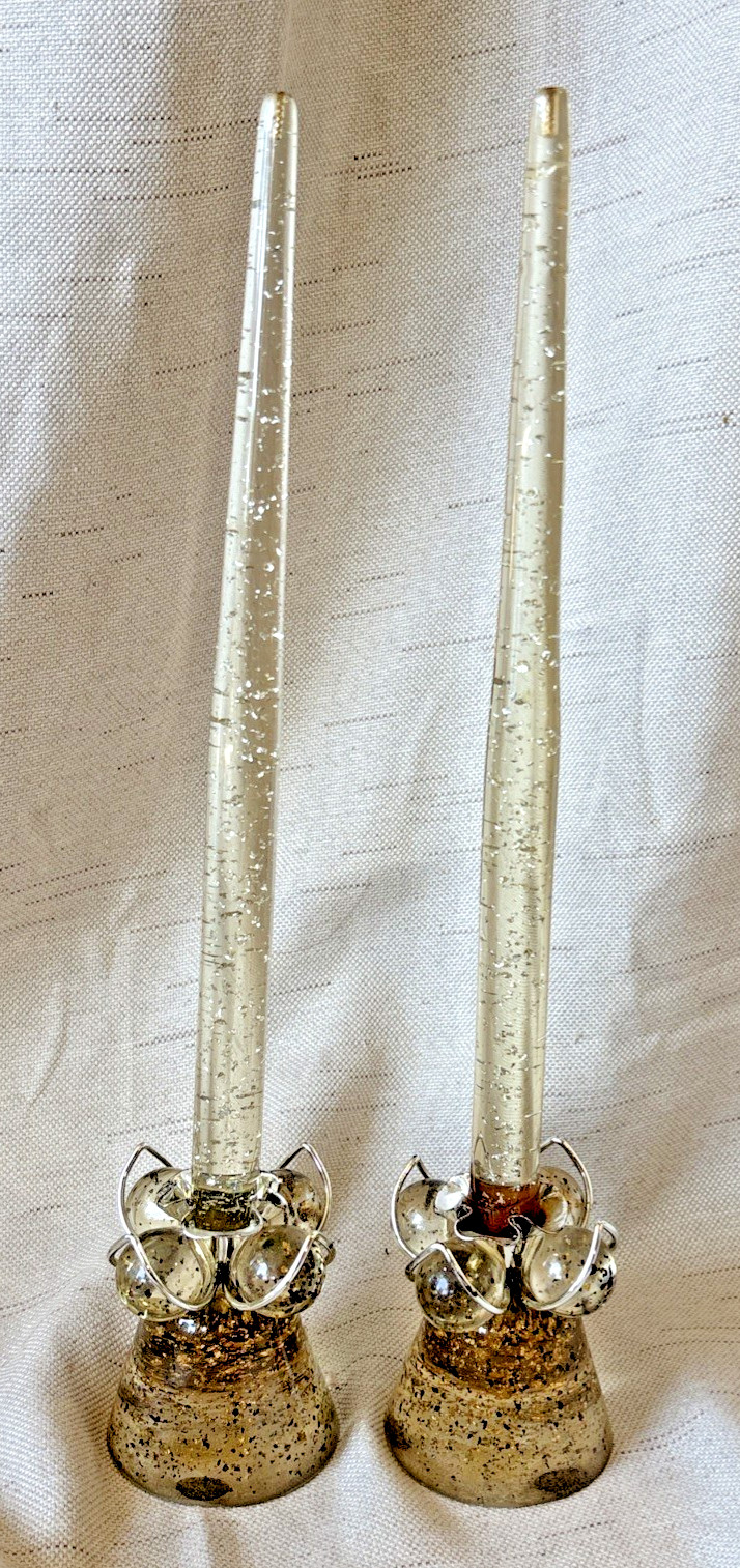 VTG MCM Lucite Acrylic 12” Clear Taper Candles Silver Flecks & Holders