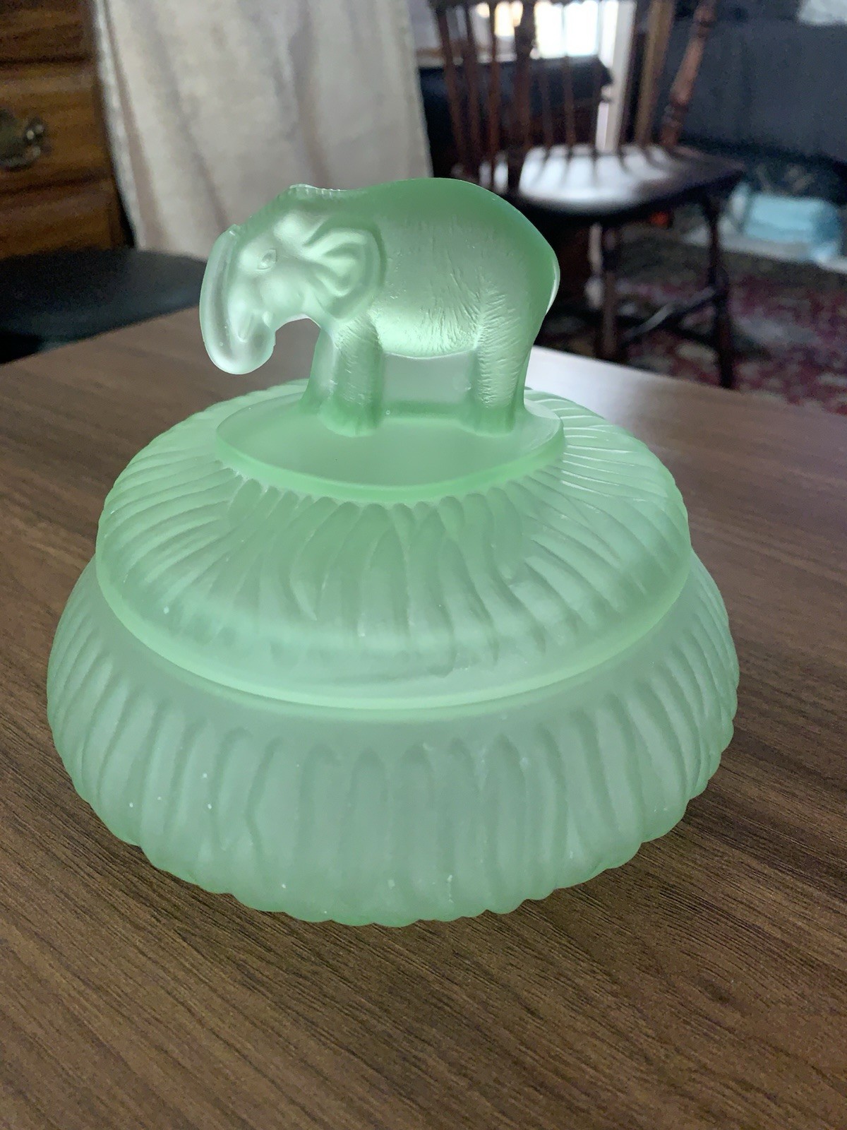 Art Deco POWDER JAR - Satin Green Glass - Elephant Finial Lid