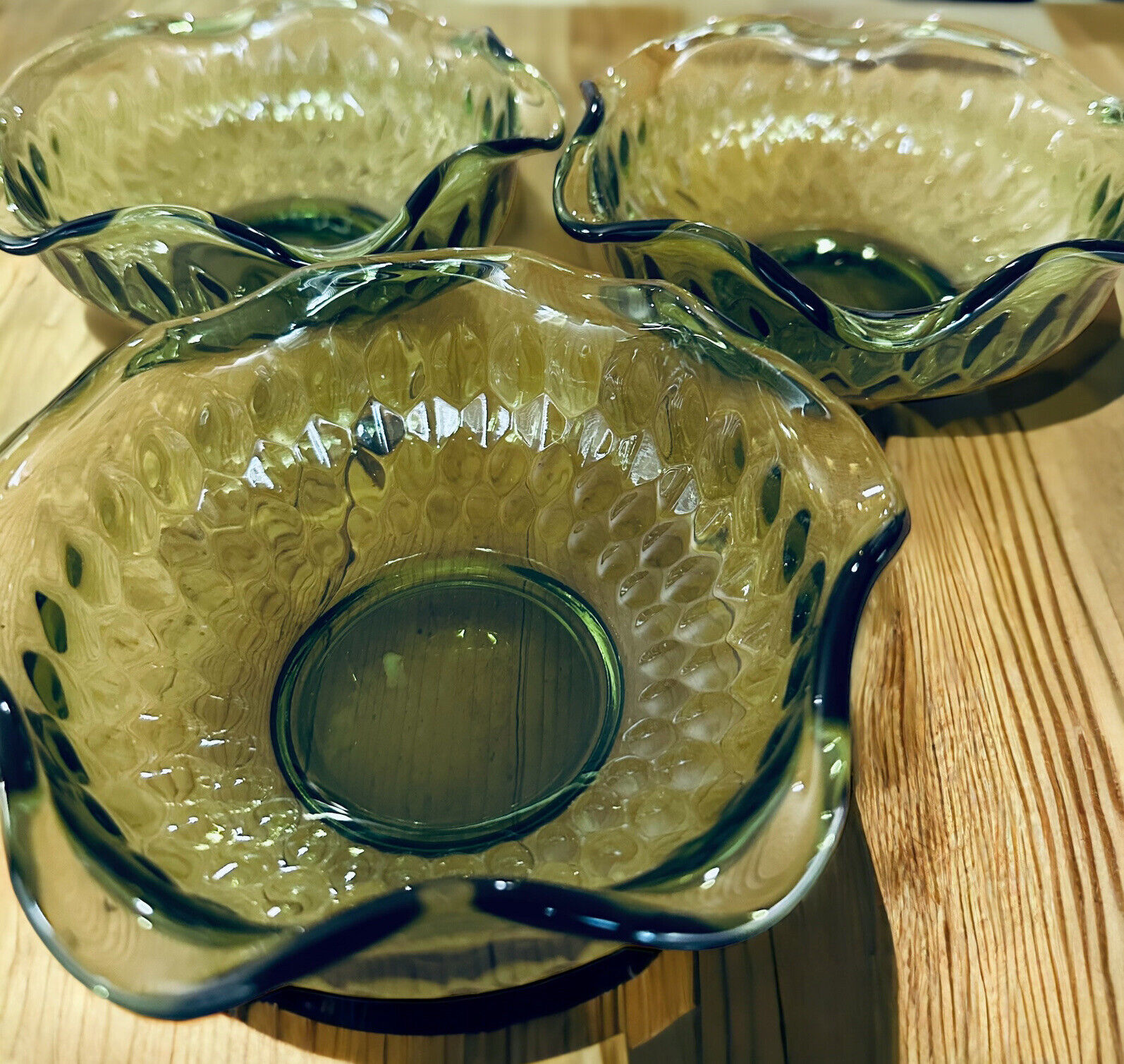Indiana Green Glass Diamond Point Berry Bowls with Ruffled Edge Vintage