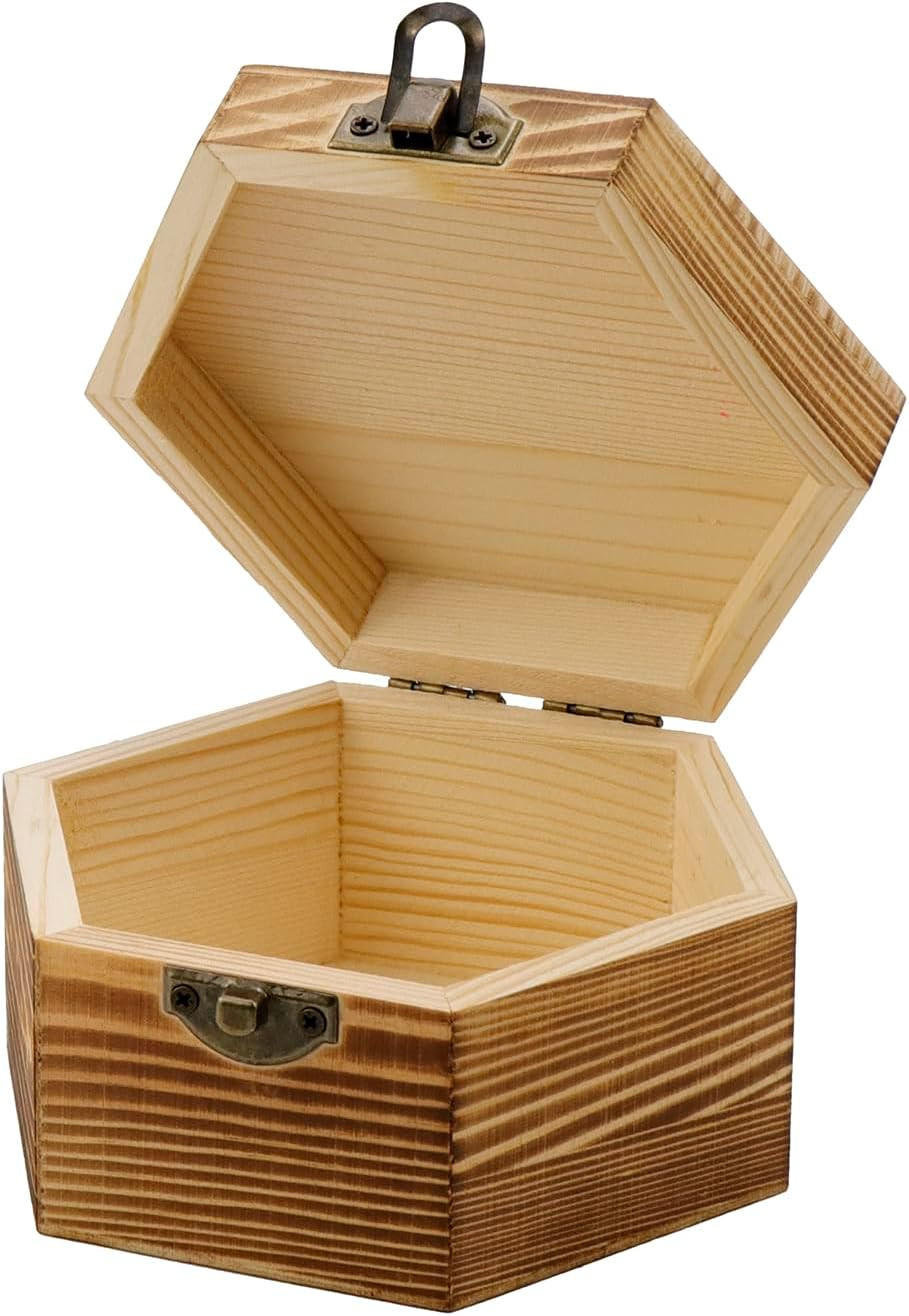Hexagon Handmade Wooden Box with Hinged Lid & Swivel Cover