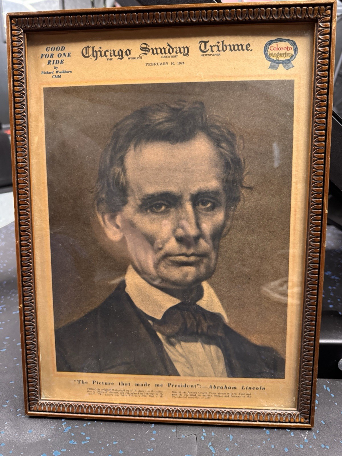 Abraham Lincoln Photo From Chicago Sunday Tribune February 10 1924 12x16 Framed