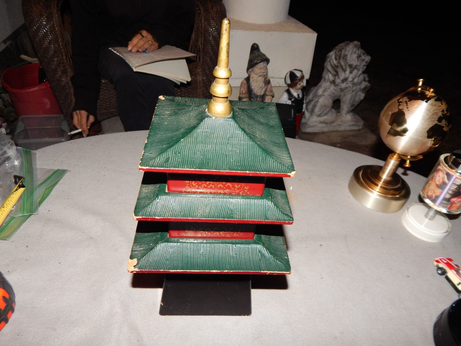 Vintage K/S Wood Chinese Pagoda Musical Cigarette Dispenser Estate Find
