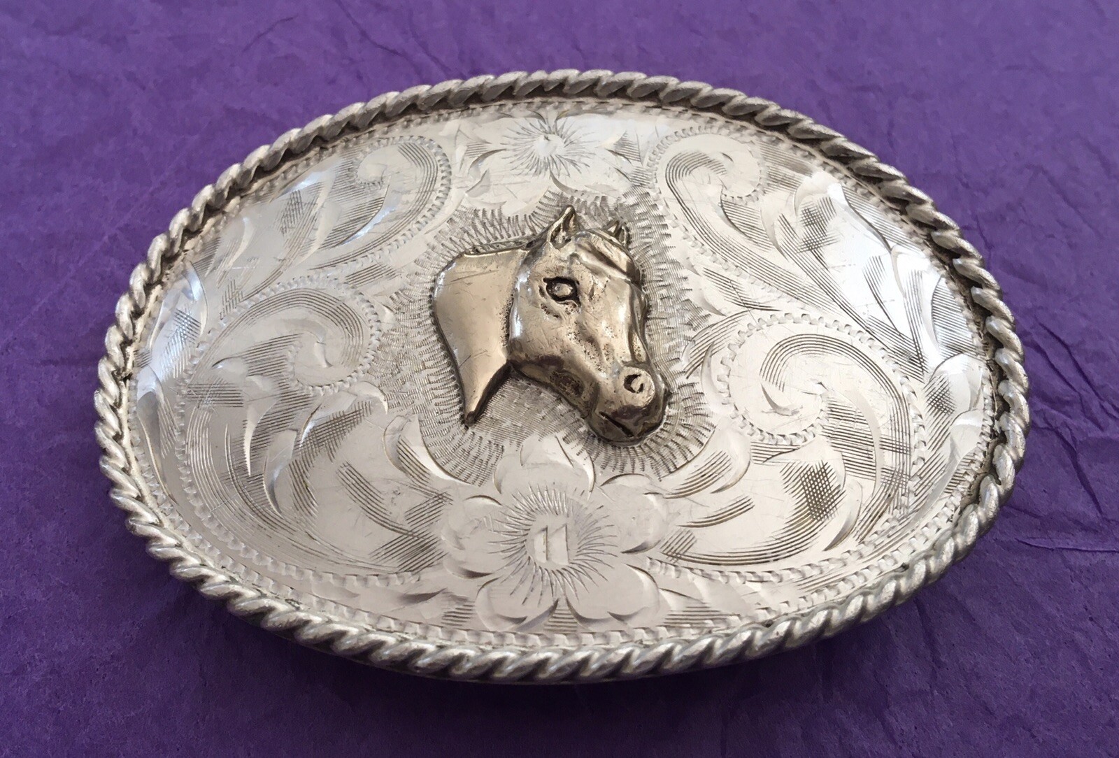 VTG  Old West Horse Western Silversmiths Sterling Silver Engraved Belt Buckle