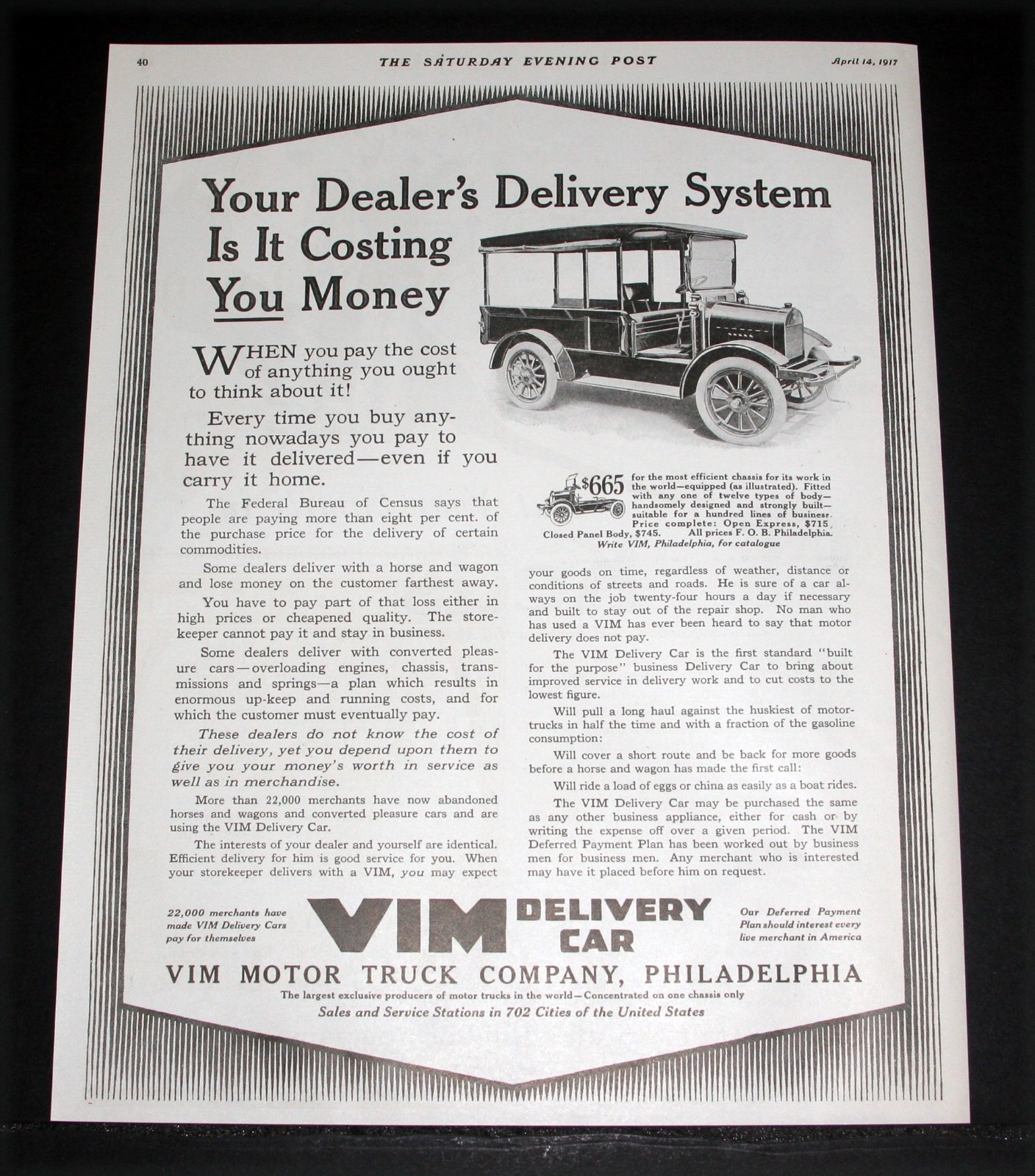 1917 OLD MAGAZINE PRINT AD, VIM DELIVERY CAR, 22,000 VIM TRUCKS ARE NOW IN USE