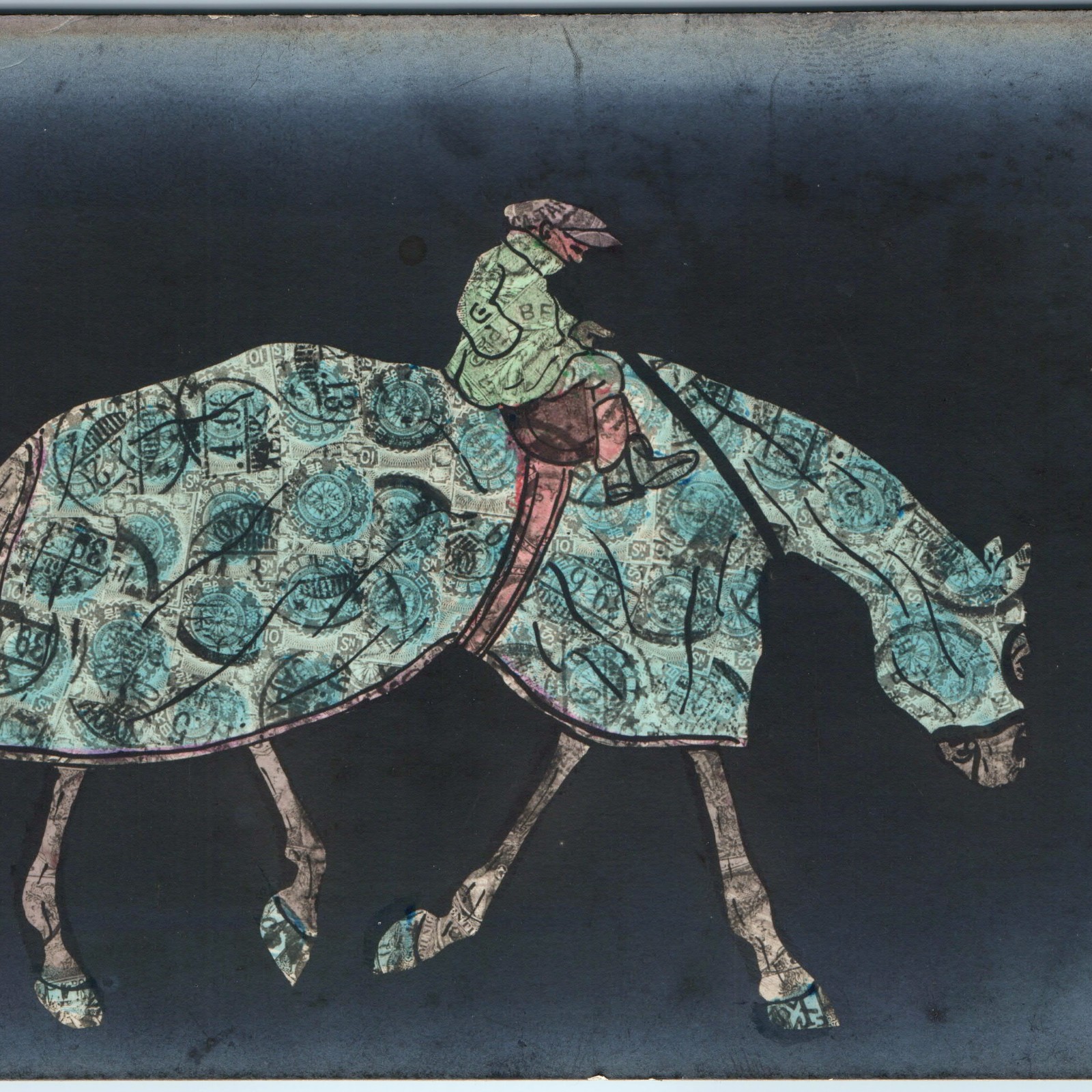 c1910s Germany Philatelic Stamp Collage Postcard Horse Jockey Equine Mosaic Art