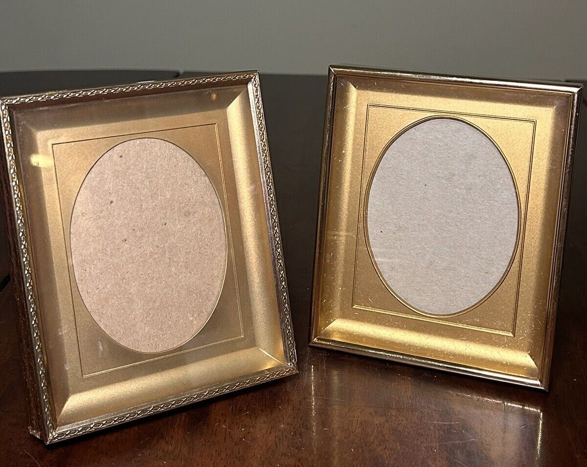 2-Vintage MCM Metal Gold Tone Oval Shadow Box Photo & Picture Frame 5x7 4x6 Open