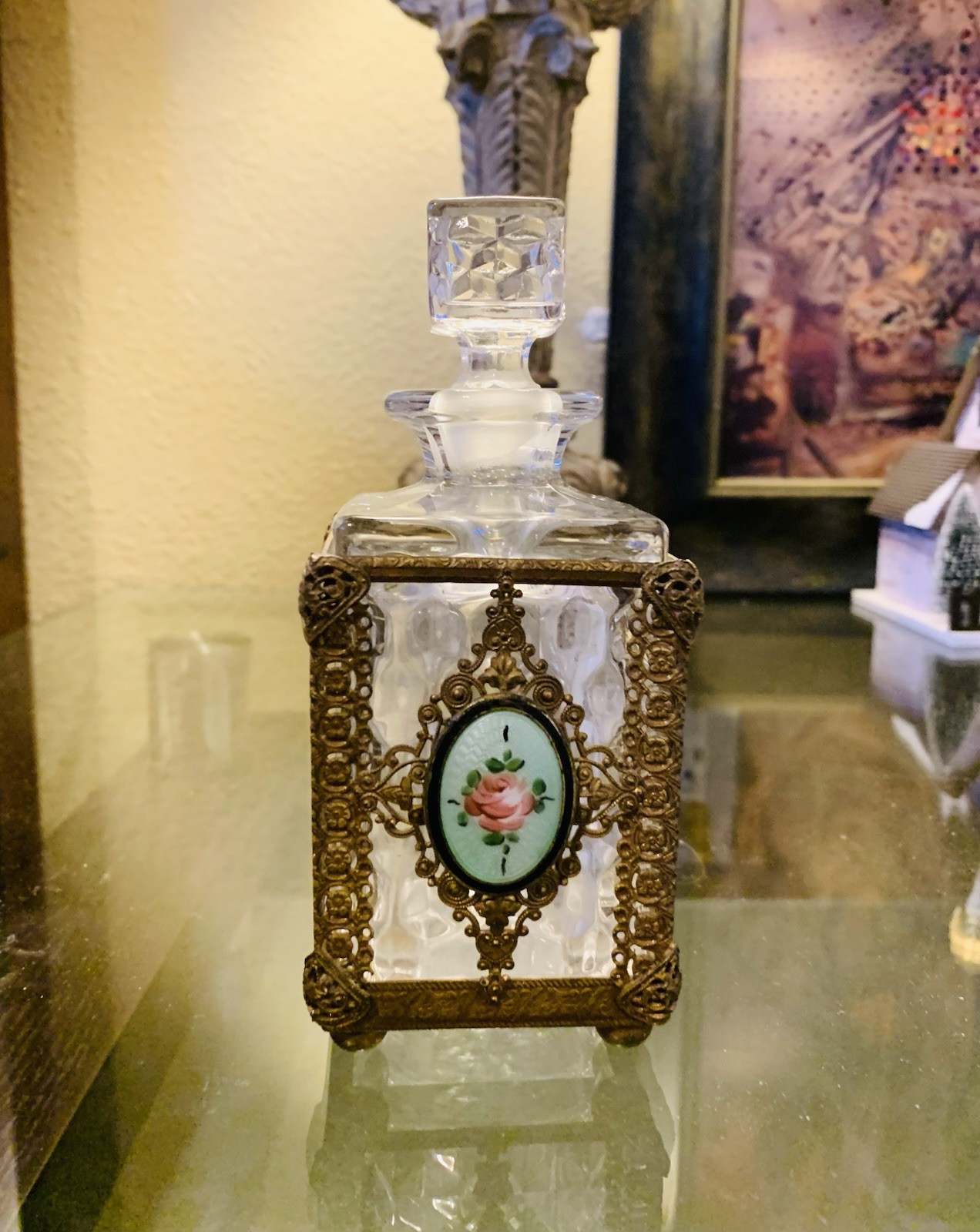 Fostoria American Dresser Vanity Perfume Bottle w/ Ornate Brass Filigree Stand