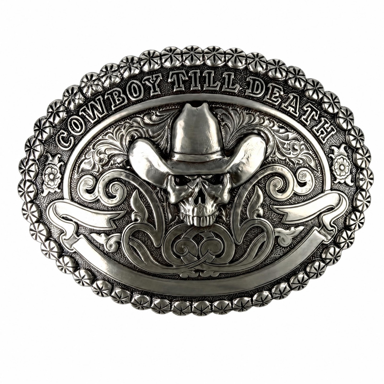 ARIAT Men's Skull Cowboy Buckle with 'Cowboy Till Death' Text (Silver, 2-3/4