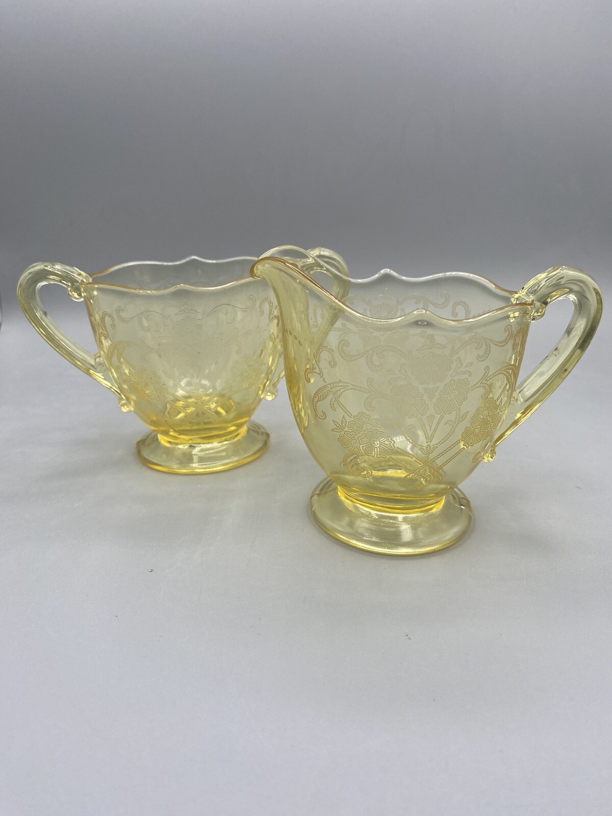 ATQ Lancaster Glass Patrick Yellow Sugar Creamer Depression Glass Etched
