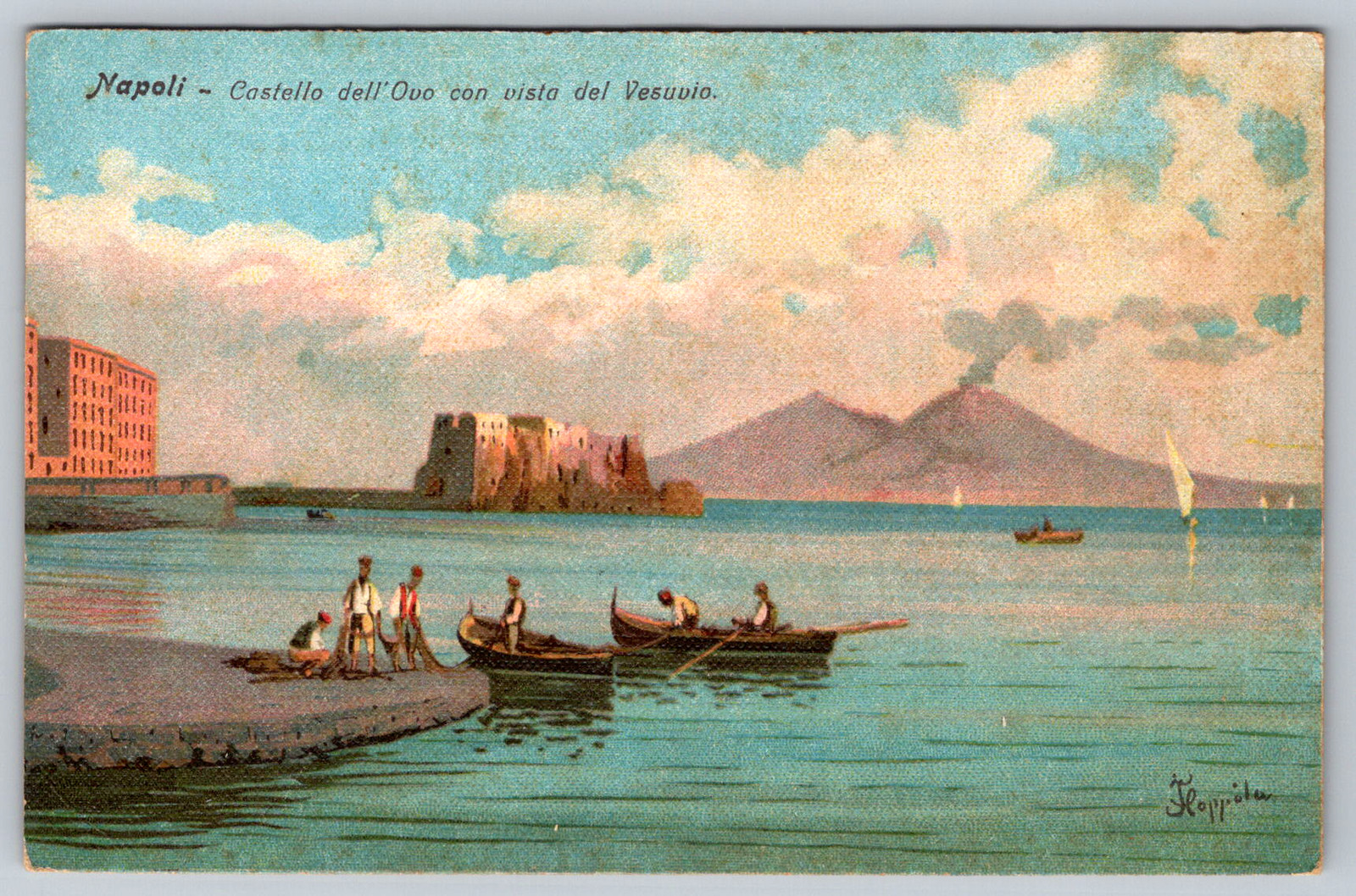 c1920s Napoli Castello dell\'Ovo Vesuvio Italy Antique Postcard