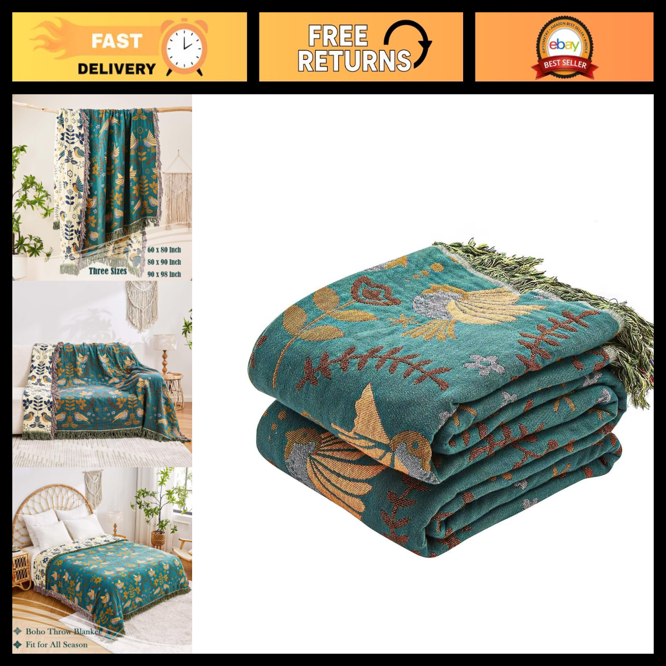 XIBLC Boho Throw Blanket, 100% Cotton Ultra Soft Luxury Throw Rustic Quilt, 50\